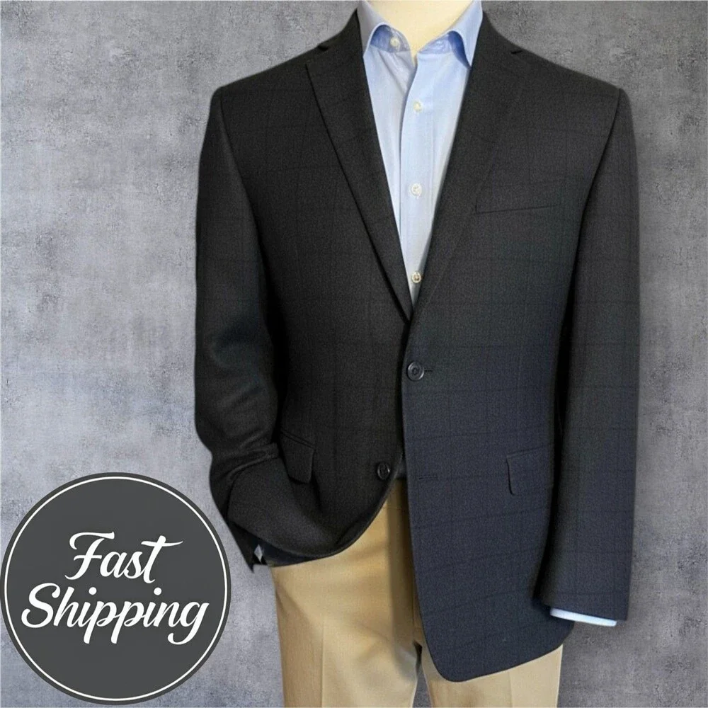 CALVIN KLEIN Mens Blazer 40R Two Button Sport Coat Jacket Gray Fleece Wool Plaid